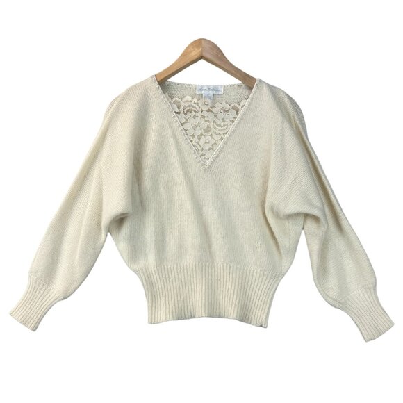 Vtg 80s Ann Katrine Womens Sweater Lambs Wool Angora Dolman Pearl Lace V-Neck Md - Picture 2 of 13